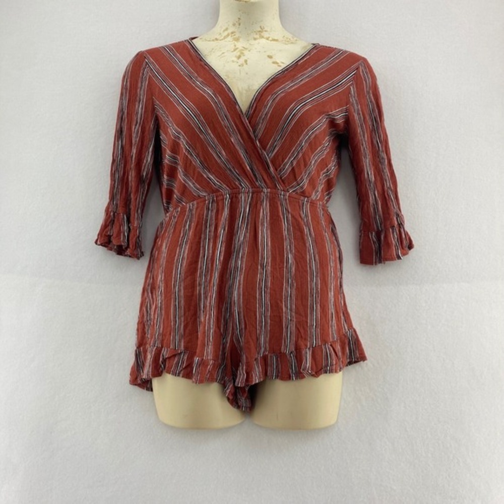 Blu Pepper L Romper Rust Striped Surplice Ruffle 3/4 Sleeve European Summer